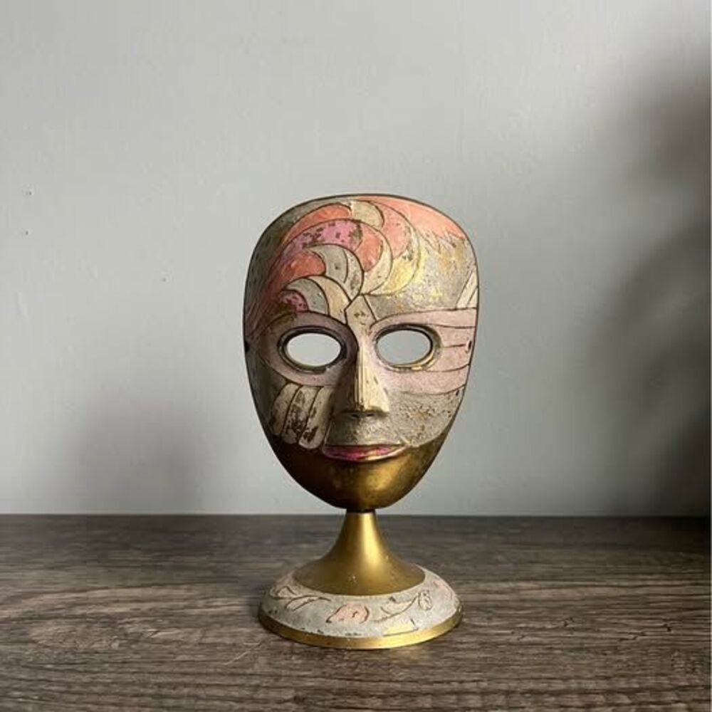 Vintage Multi-colored Painted Brass Standing Mask